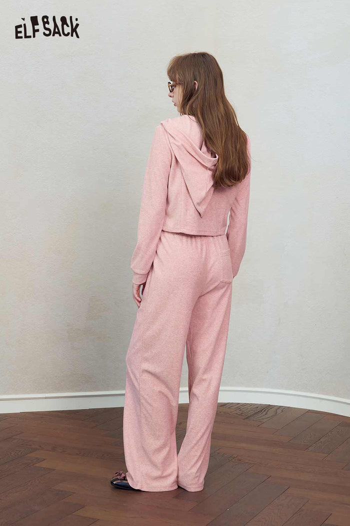 Pink Hooded Zip Wide Leg Tracksuit Set