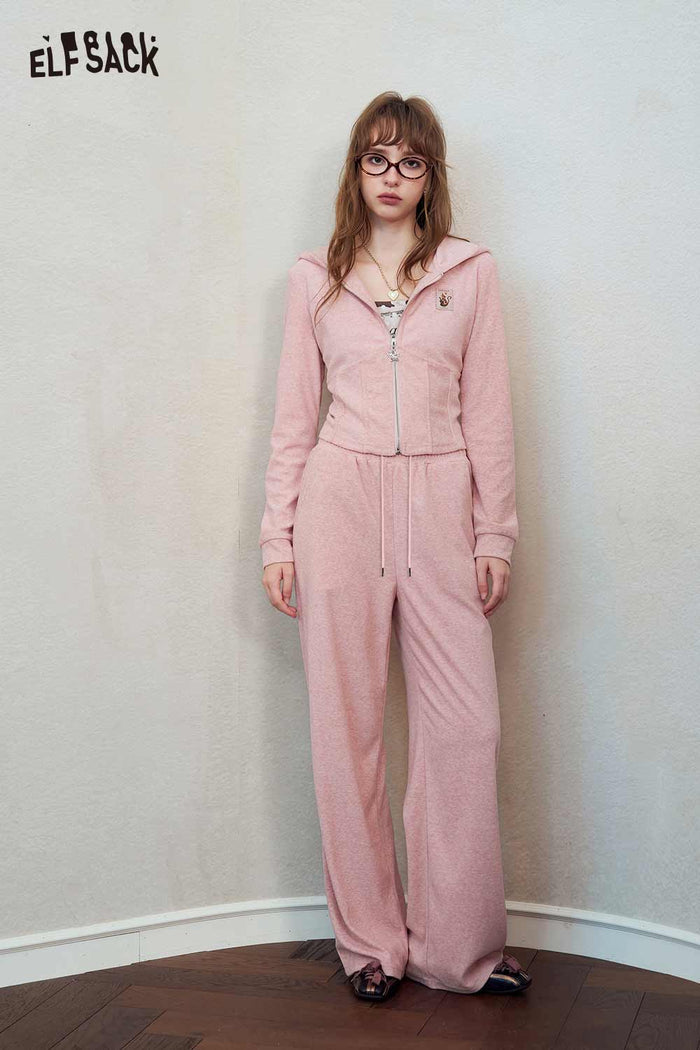 Pink Hooded Zip Wide Leg Tracksuit Set