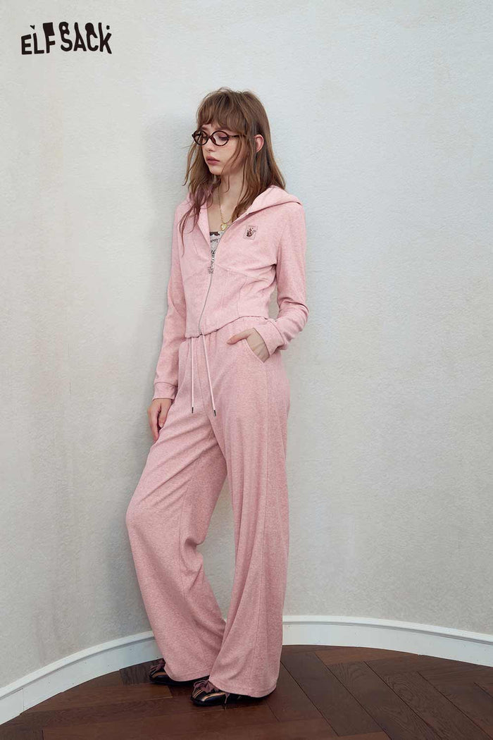 Pink Hooded Zip Wide Leg Tracksuit Set