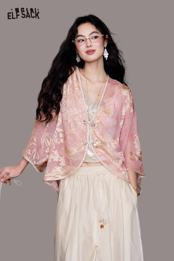 ELFSACK Pink Jacquard Chiffon Beaded Gothic Blouse