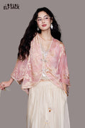 ELFSACK Pink Jacquard Chiffon Beaded Gothic Blouse