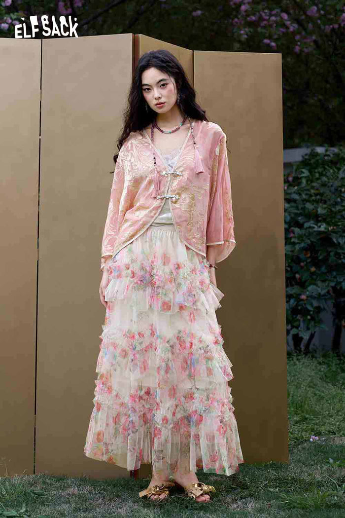 ELFSACK Pink Jacquard Chiffon Beaded Gothic Blouse
