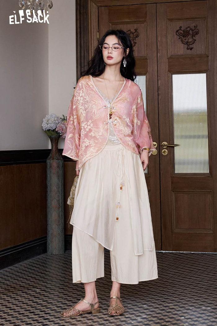 ELFSACK Pink Jacquard Chiffon Beaded Gothic Blouse