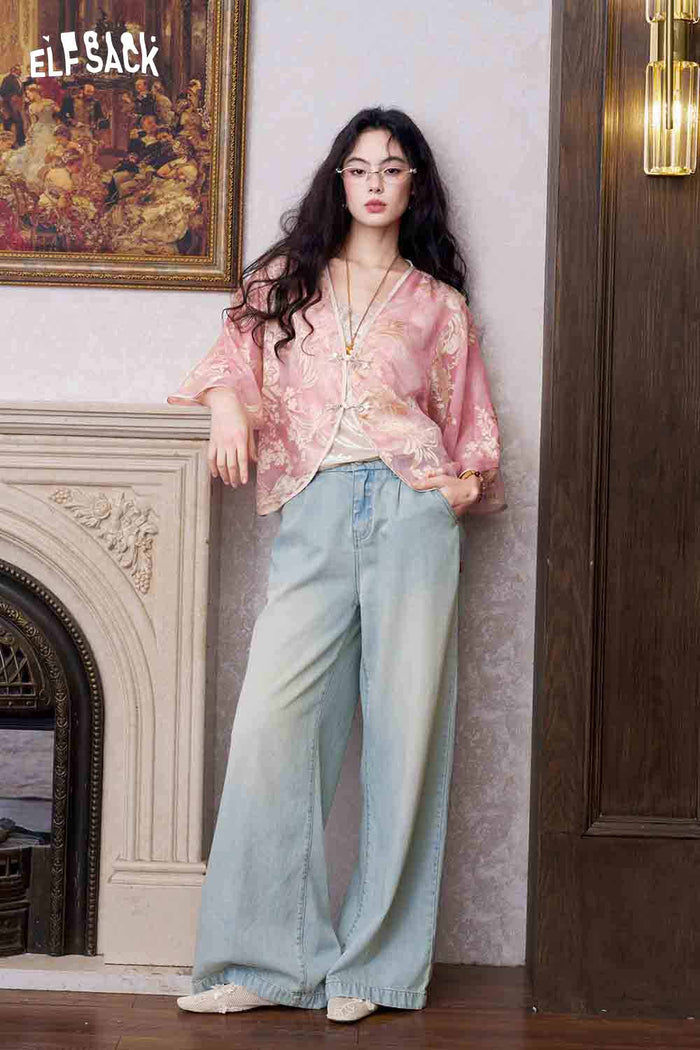 ELFSACK Pink Jacquard Chiffon Beaded Gothic Blouse