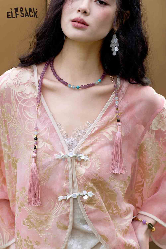 ELFSACK Pink Jacquard Chiffon Beaded Gothic Blouse