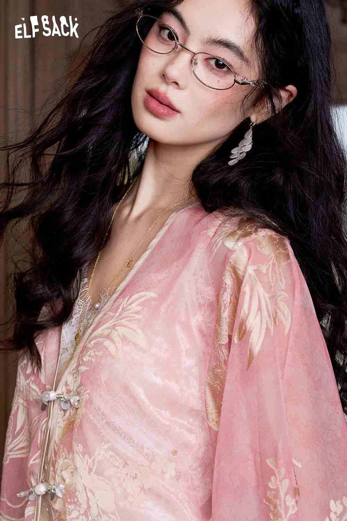 ELFSACK Pink Jacquard Chiffon Beaded Gothic Blouse