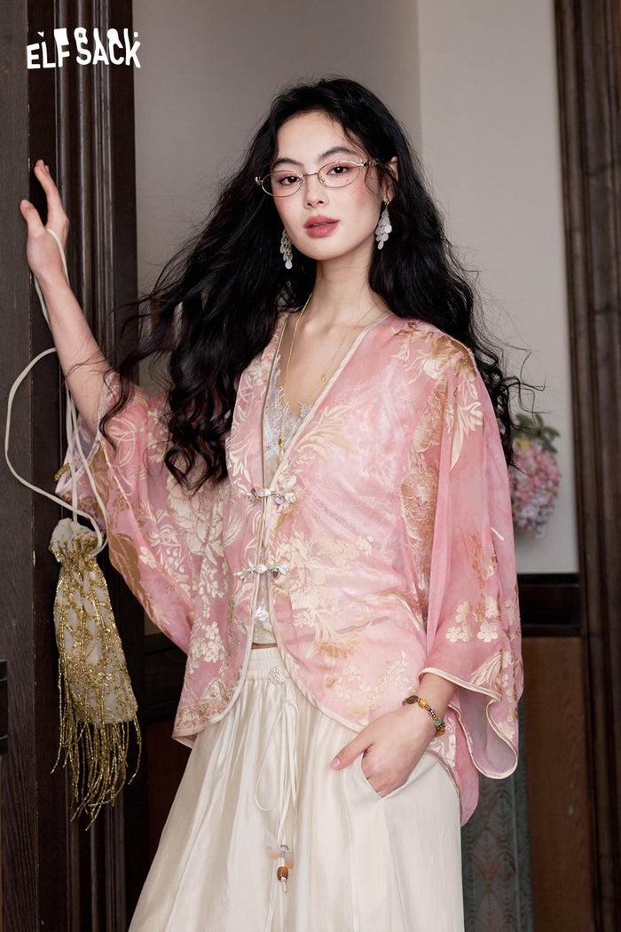 ELFSACK Pink Jacquard Chiffon Beaded Gothic Blouse