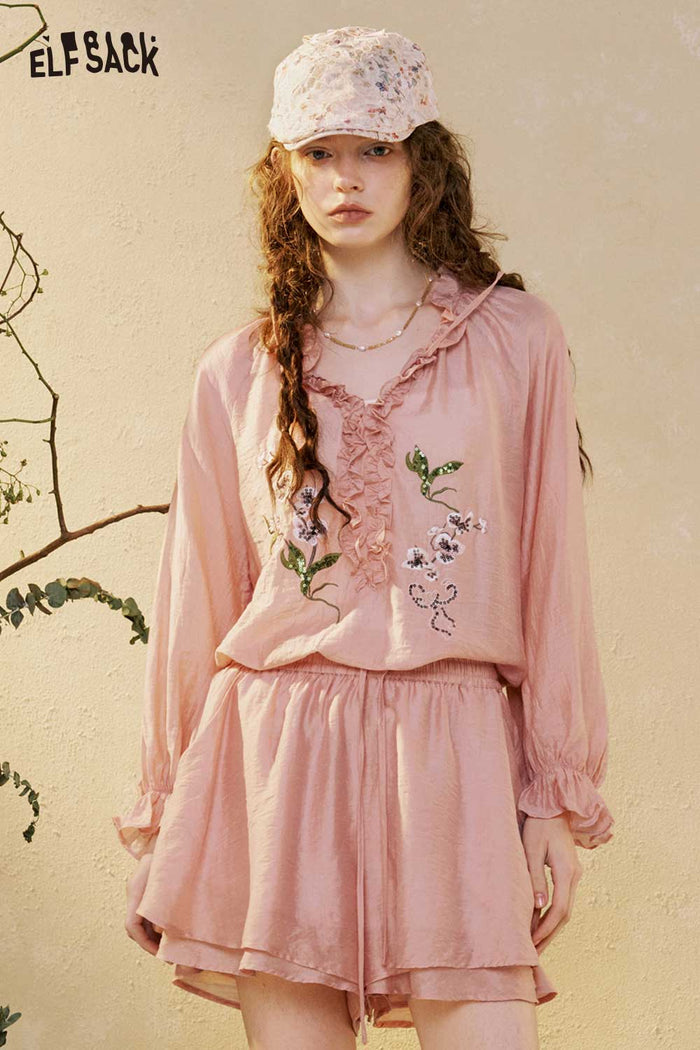 Pink Lace Puff Sleeve Shorts Set