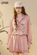 Pink Lace Puff Sleeve Shorts Set