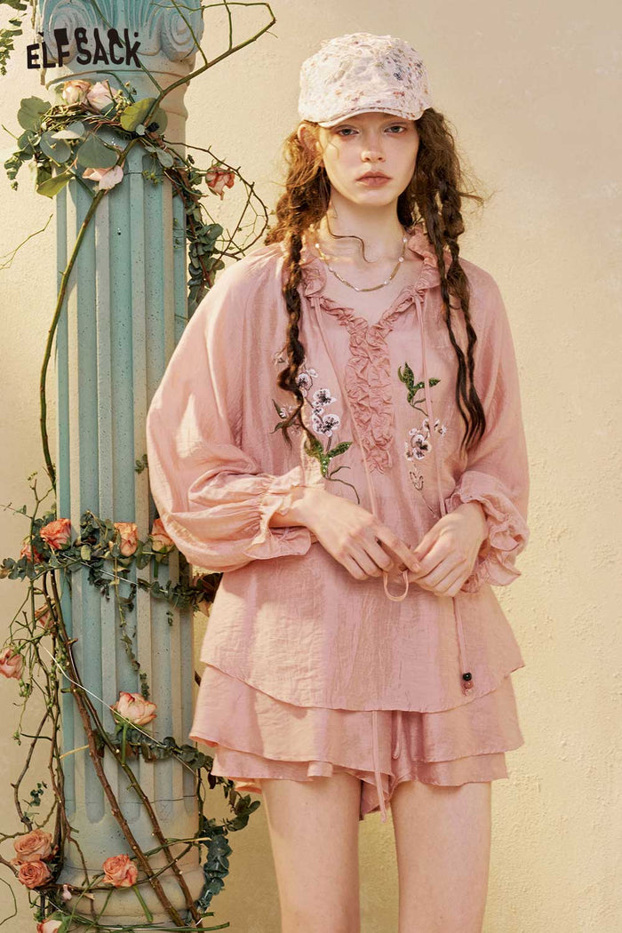 Pink Lace Puff Sleeve Shorts Set