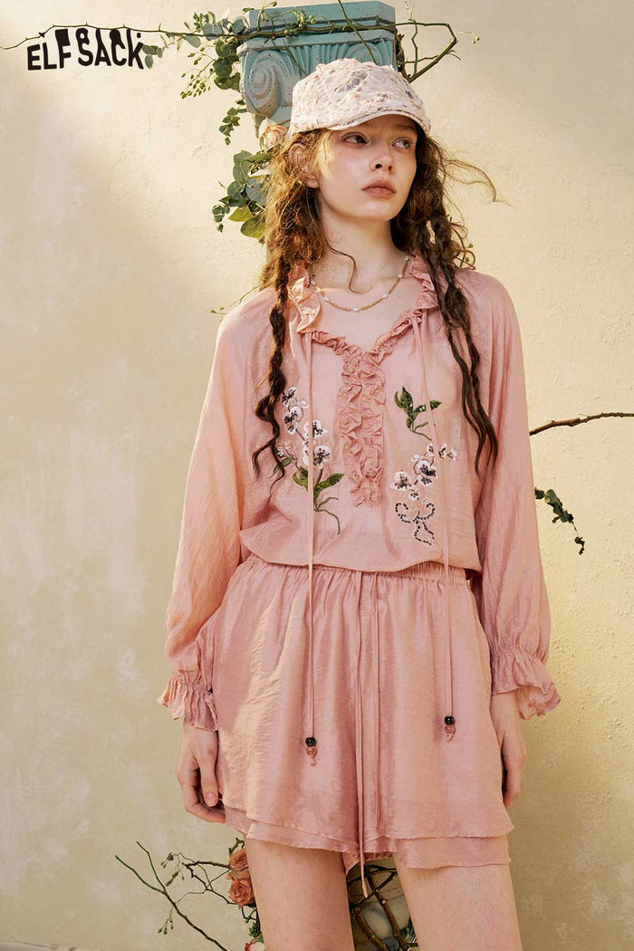 Pink Lace Puff Sleeve Shorts Set