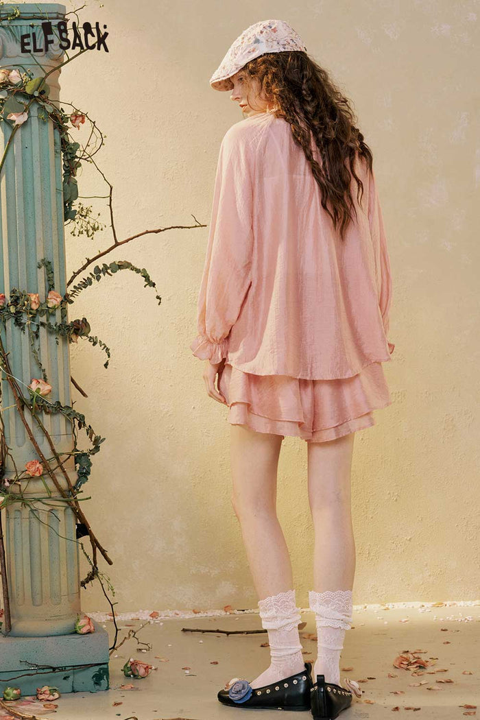 Pink Lace Puff Sleeve Shorts Set