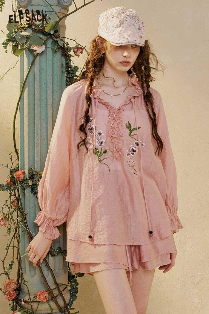 Pink Lace Puff Sleeve Shorts Set