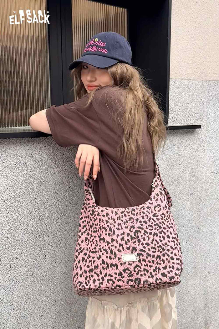 ELFSACK Pink Leopard Print Hobo Shoulder Bag