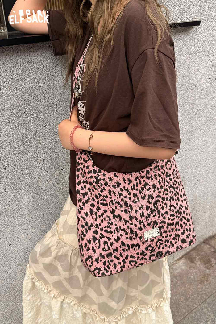 ELFSACK Pink Leopard Print Hobo Shoulder Bag