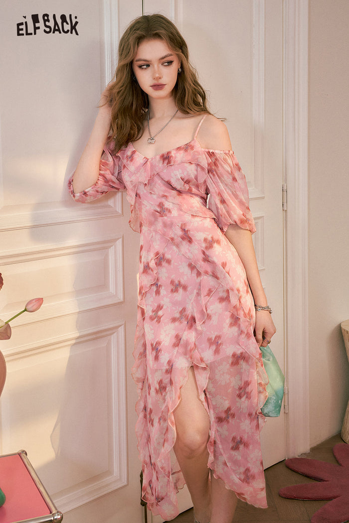 ELFSACK Pink Off Shoulder Floral Slip Dress