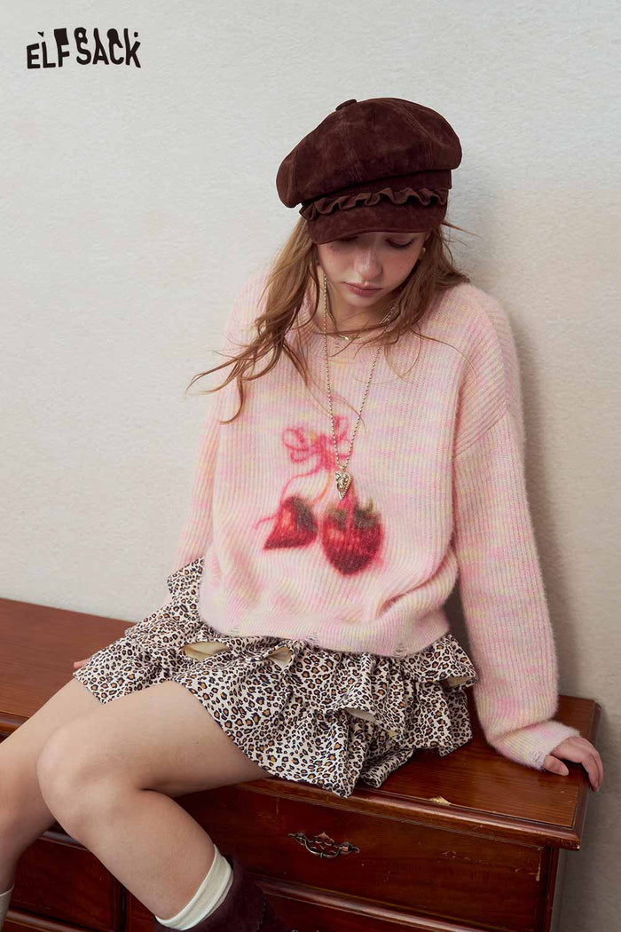 Pink Strawberry Print Loose Knit Sweater