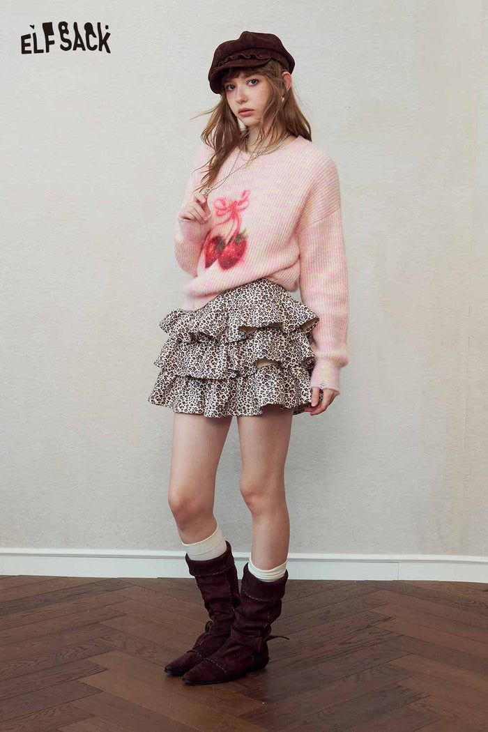 Pink Strawberry Print Loose Knit Sweater