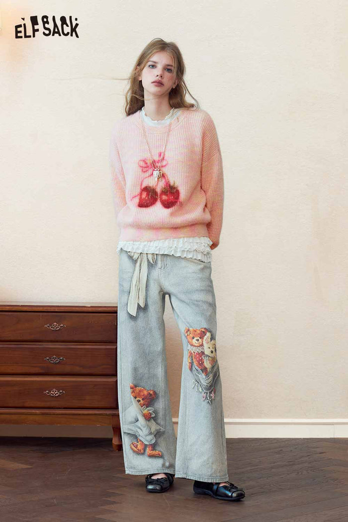 Pink Strawberry Print Loose Knit Sweater