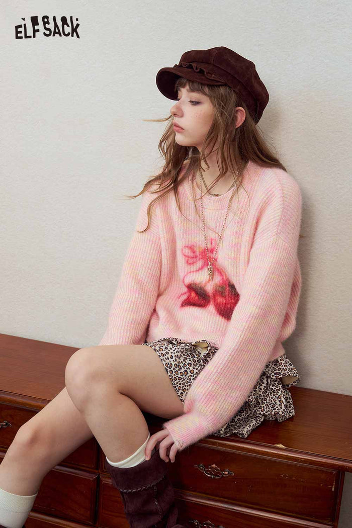 Pink Strawberry Print Loose Knit Sweater