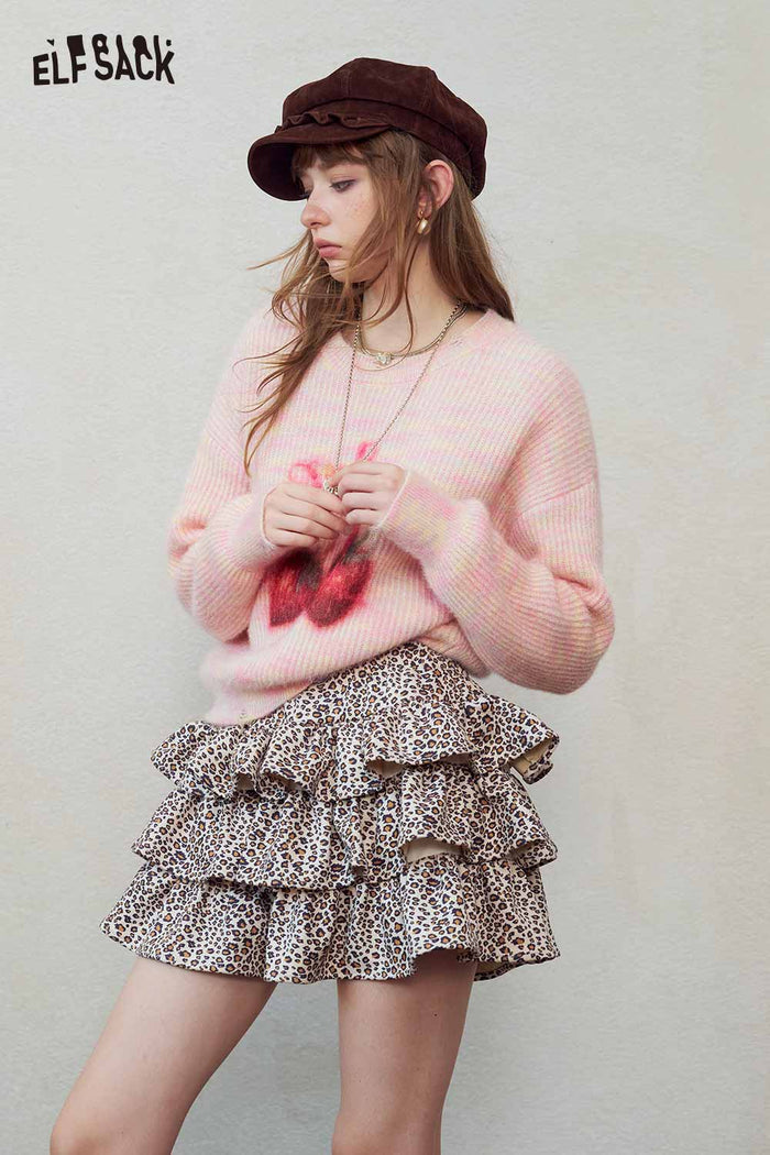 Pink Strawberry Print Loose Knit Sweater