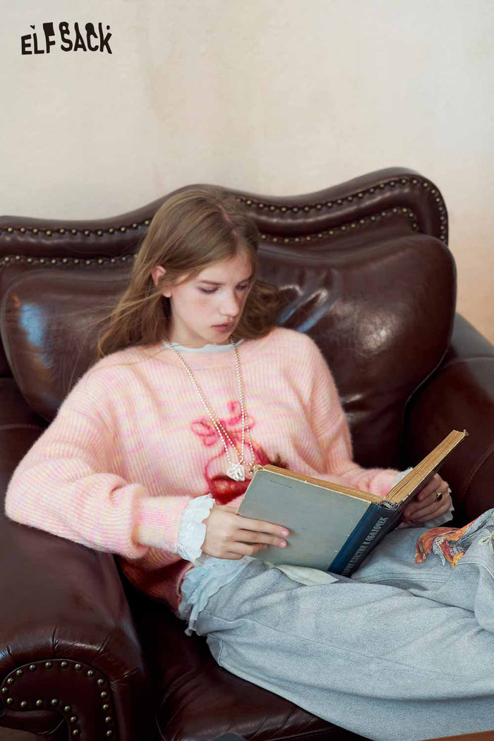 Pink Strawberry Print Loose Knit Sweater