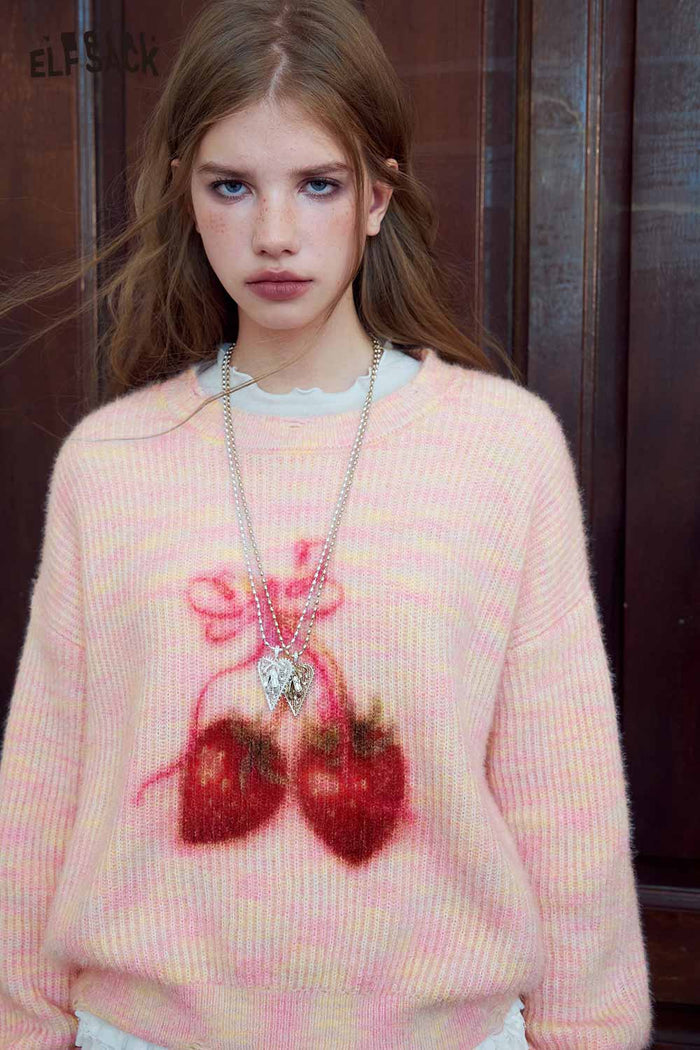 Pink Strawberry Print Loose Knit Sweater