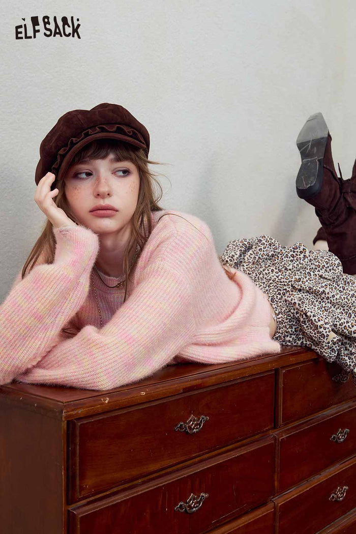 Pink Strawberry Print Loose Knit Sweater