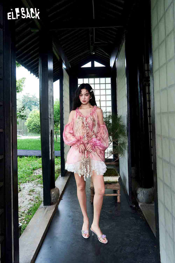 ELFSACK Pink Watercolor Print Sheer Chiffon Blouse