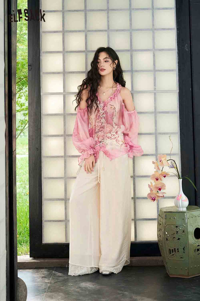 ELFSACK Pink Watercolor Print Sheer Chiffon Blouse