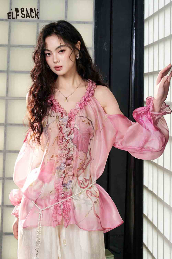 ELFSACK Pink Watercolor Print Sheer Chiffon Blouse