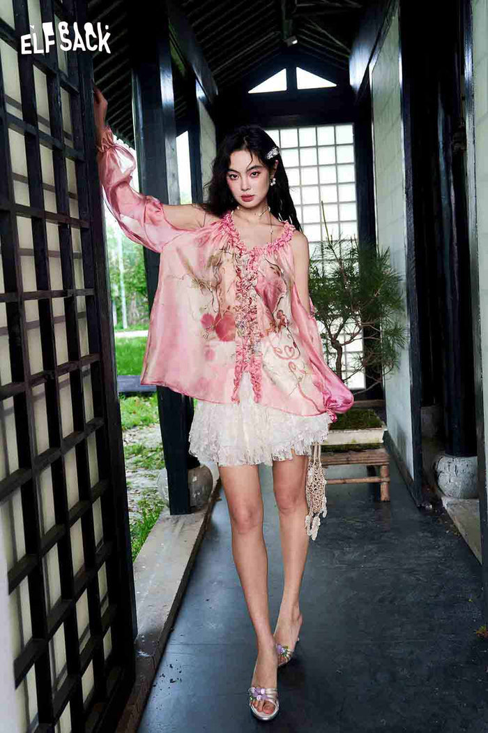 ELFSACK Pink Watercolor Print Sheer Chiffon Blouse