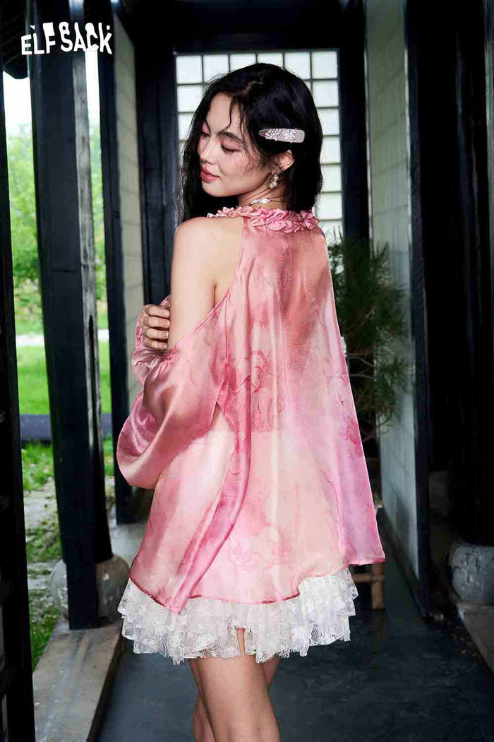 ELFSACK Pink Watercolor Print Sheer Chiffon Blouse