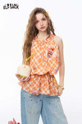 ELFSACK Plaid Cake Print Drawstring Sleeveless Top