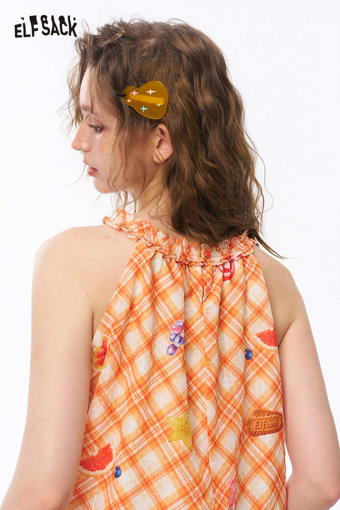 ELFSACK Plaid Cake Print Drawstring Sleeveless Top