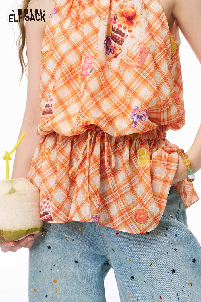 ELFSACK Plaid Cake Print Drawstring Sleeveless Top