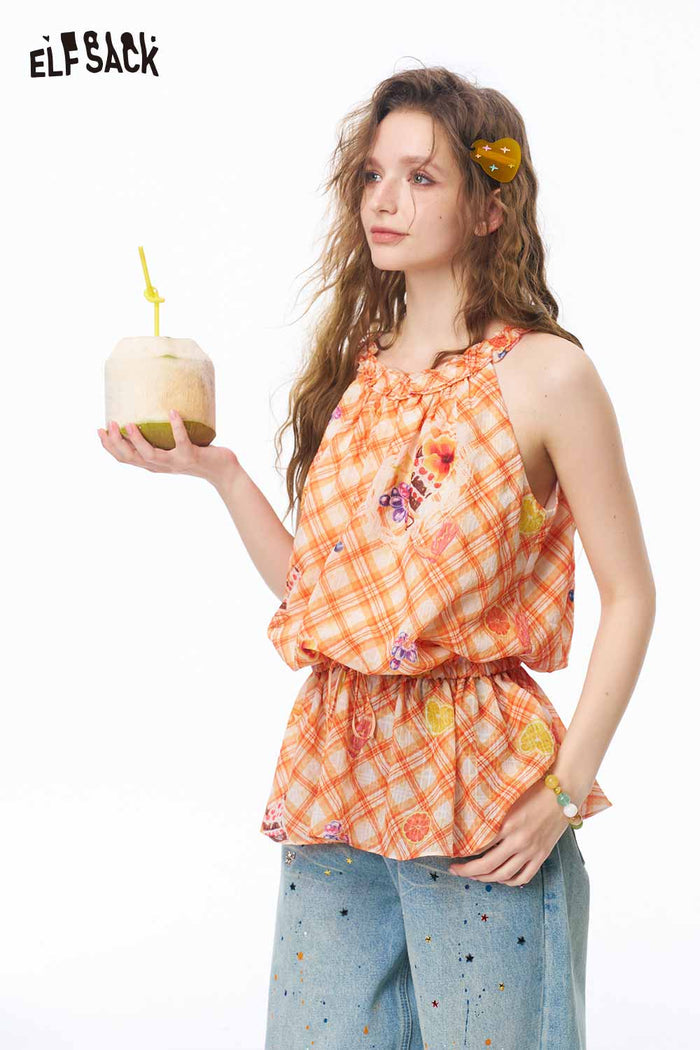 ELFSACK Plaid Cake Print Drawstring Sleeveless Top