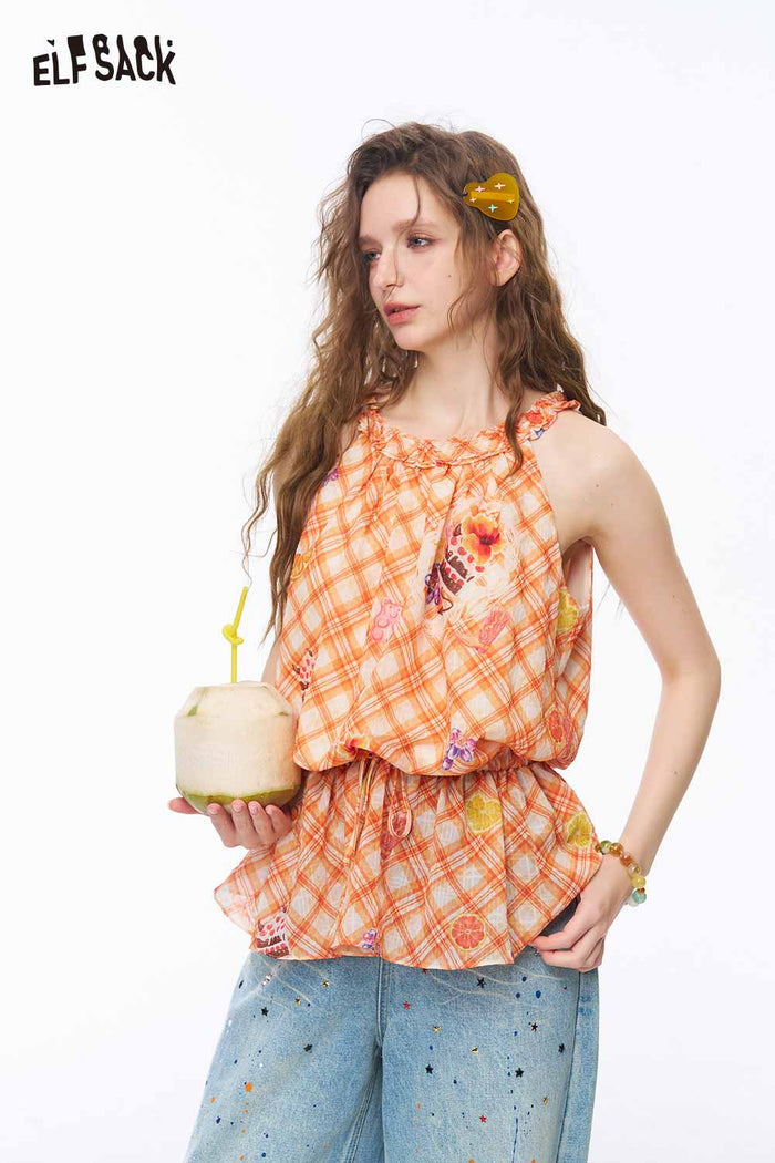 ELFSACK Plaid Cake Print Drawstring Sleeveless Top
