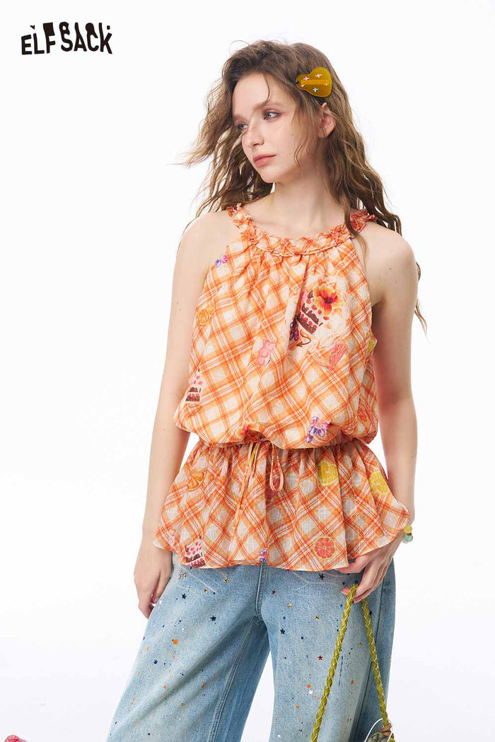 ELFSACK Plaid Cake Print Drawstring Sleeveless Top