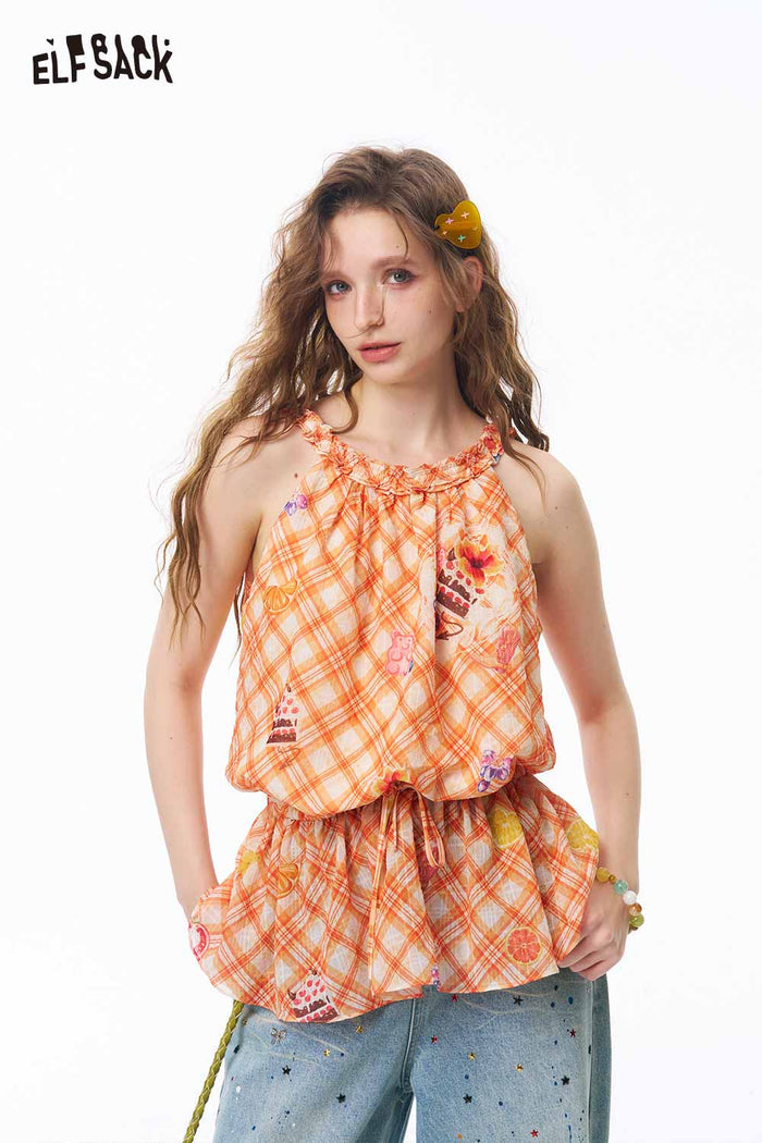 ELFSACK Plaid Cake Print Drawstring Sleeveless Top