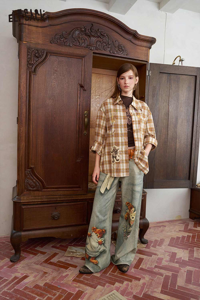 Plaid Cartoon Bear Print Blouse
