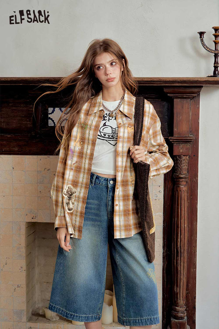 Plaid Cartoon Bear Print Blouse
