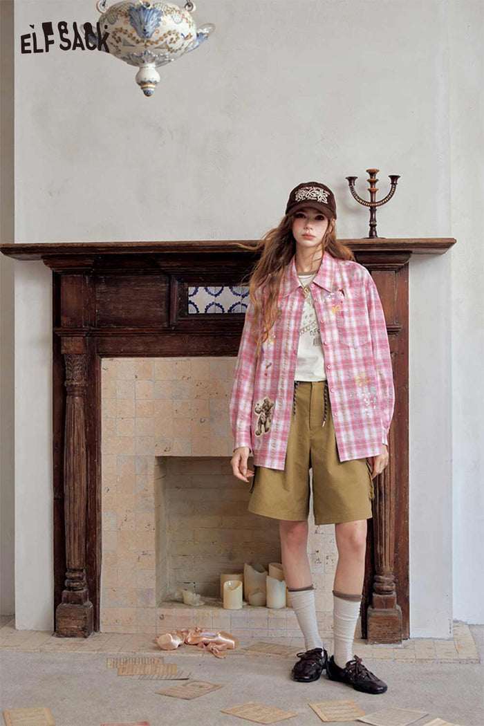 Plaid Cartoon Bear Print Blouse