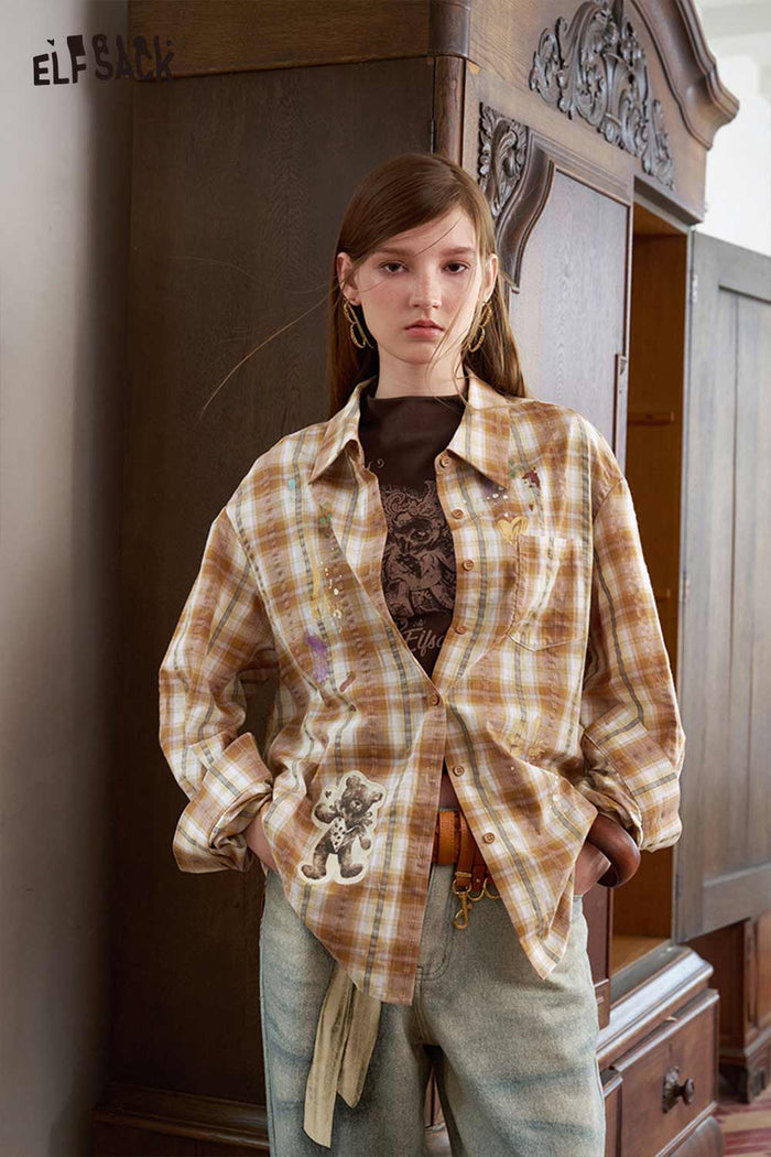 Plaid Cartoon Bear Print Blouse