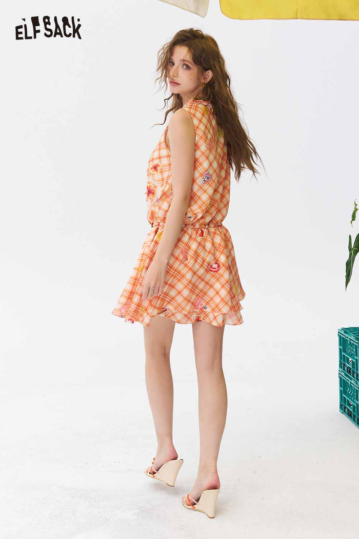 ELFSACK Plaid Fruit Print Ruffle Sleeveless Dress