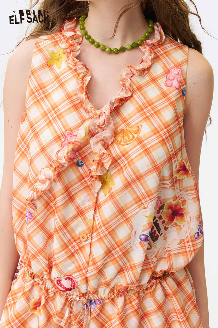 ELFSACK Plaid Fruit Print Ruffle Sleeveless Dress