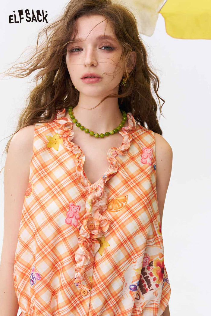 ELFSACK Plaid Fruit Print Ruffle Sleeveless Dress