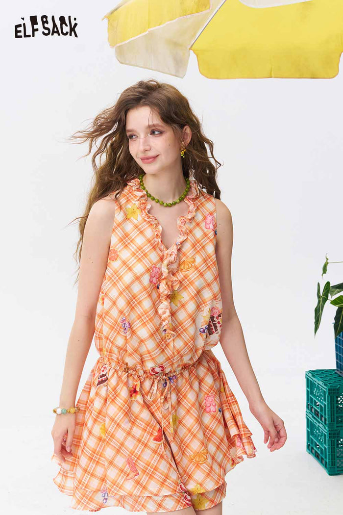 ELFSACK Plaid Fruit Print Ruffle Sleeveless Dress