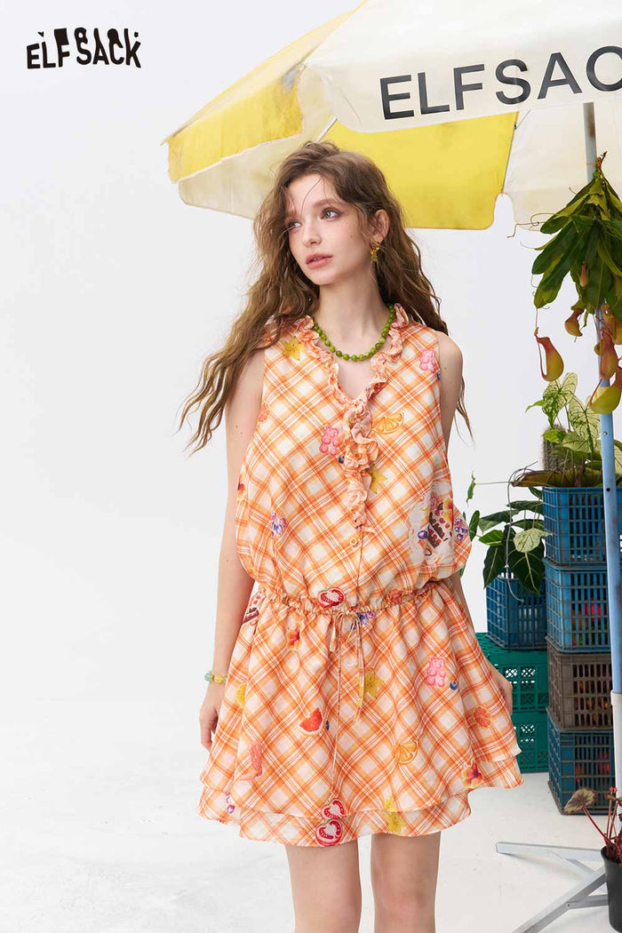 ELFSACK Plaid Fruit Print Ruffle Sleeveless Dress