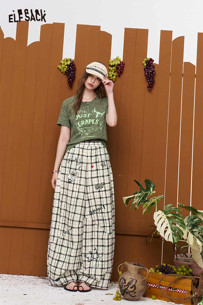 ELFSACK Plaid Graffiti Print Baggy Pants